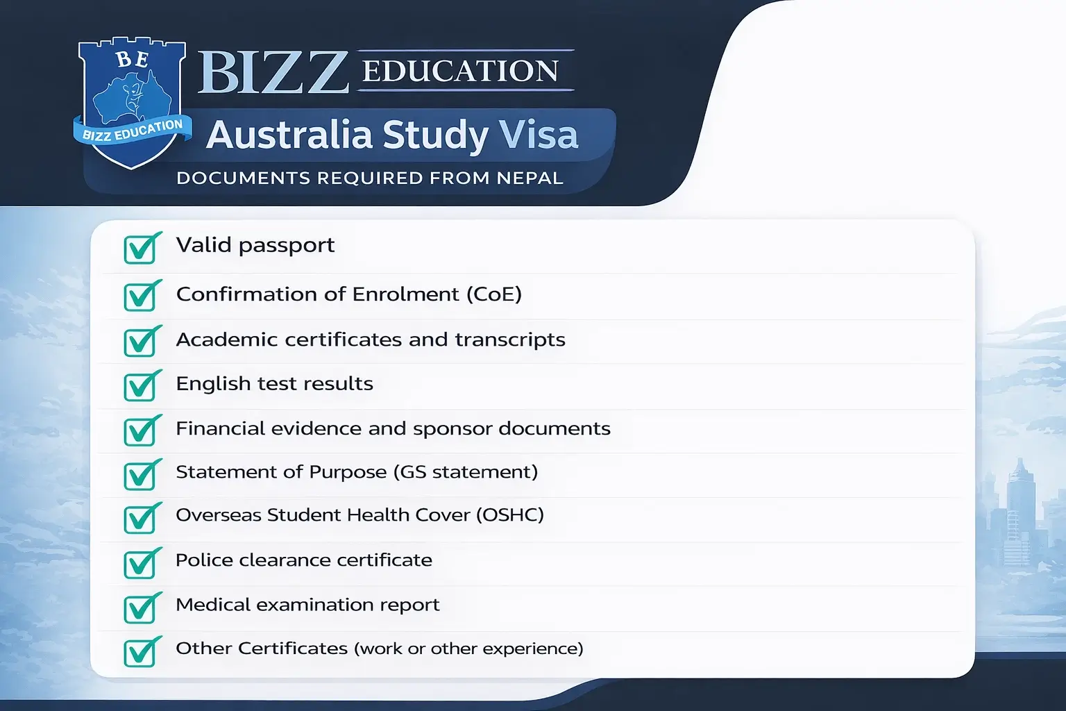 Australia student visa document requirements from Nepal